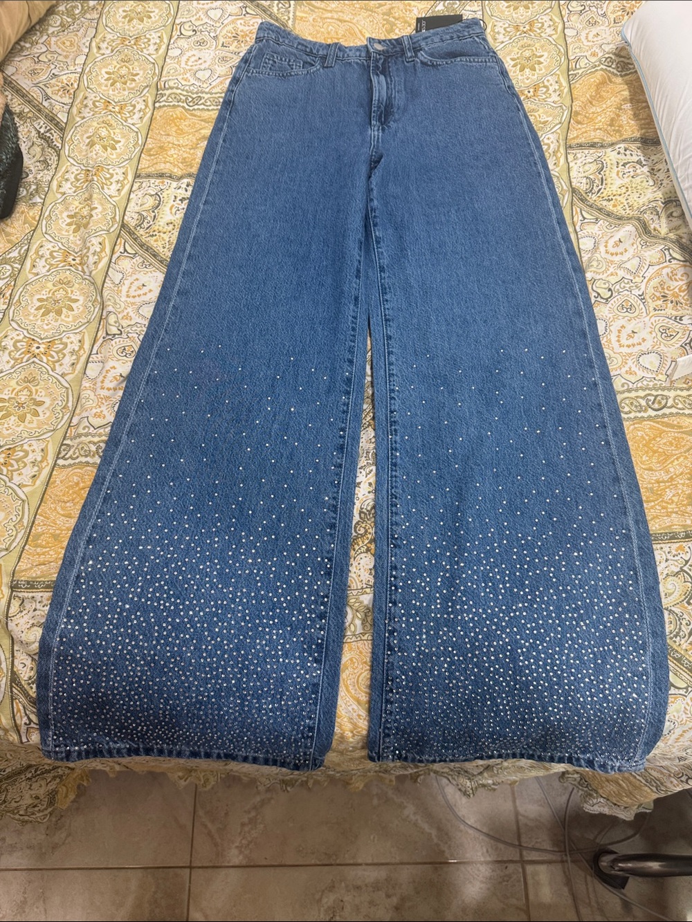 High-Rise Blue Wide Leg Jeans with Hem Embellishments